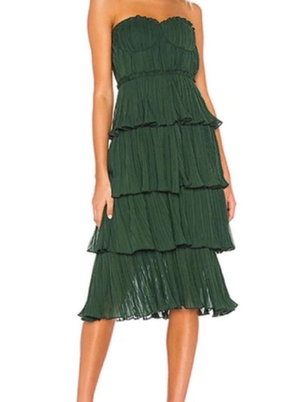 Strapless Tiered Midi Dress in Forest Green
